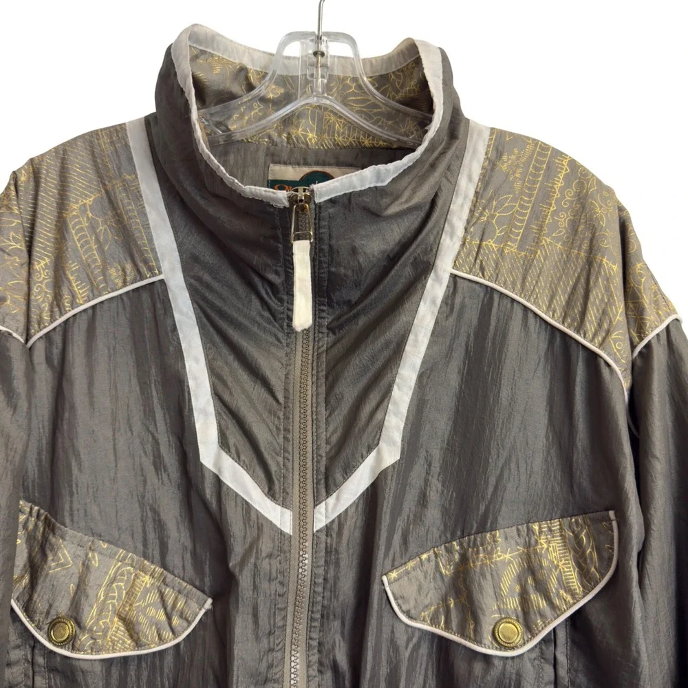 Out‎ Brook Vintage Windbreaker Jacket Olive Gold Graphic Zip Up Womens Large 80s
